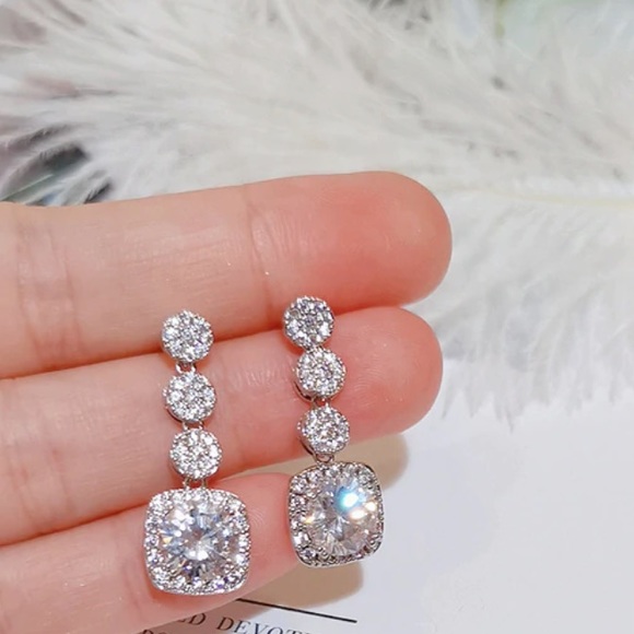 Circle & Square Diamond CZ Drop Dangle Earrings 169 - Picture 3 of 5